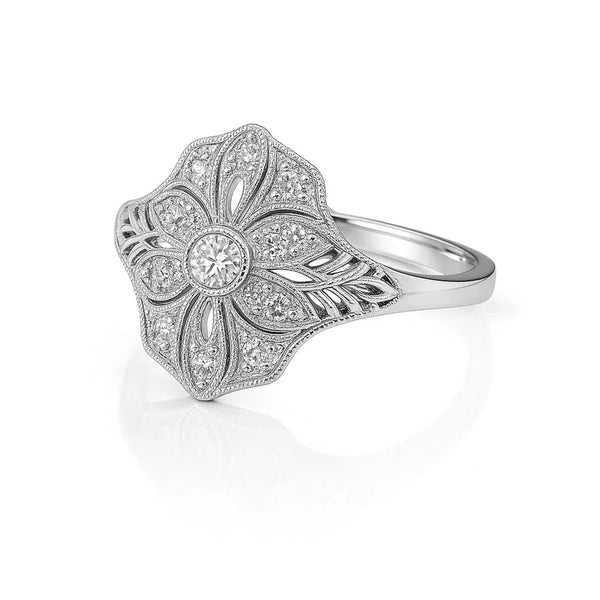 Vintage-inspired white gold floral diamond ring with intricate details, Brisbane Jeweller