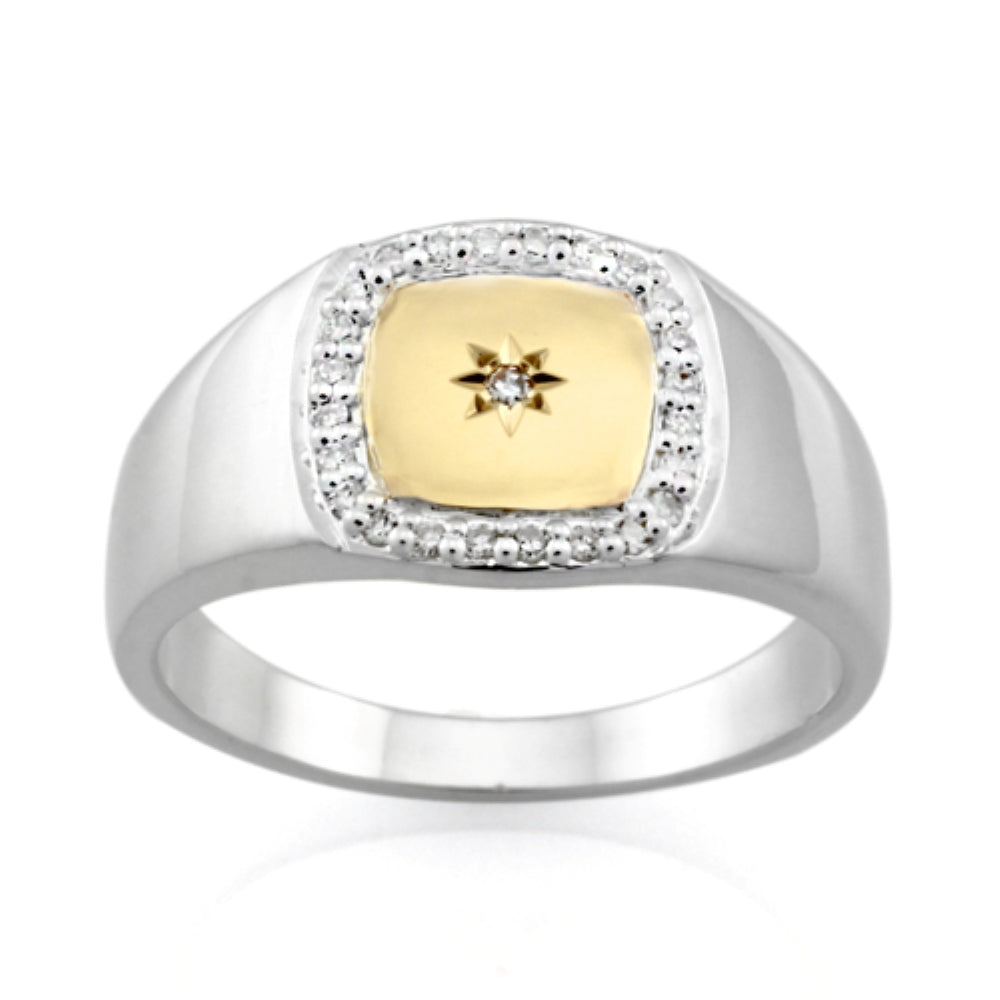 Sterling Silver and 9CT Gold Square Diamond Set Gents Ring - Size 'U'