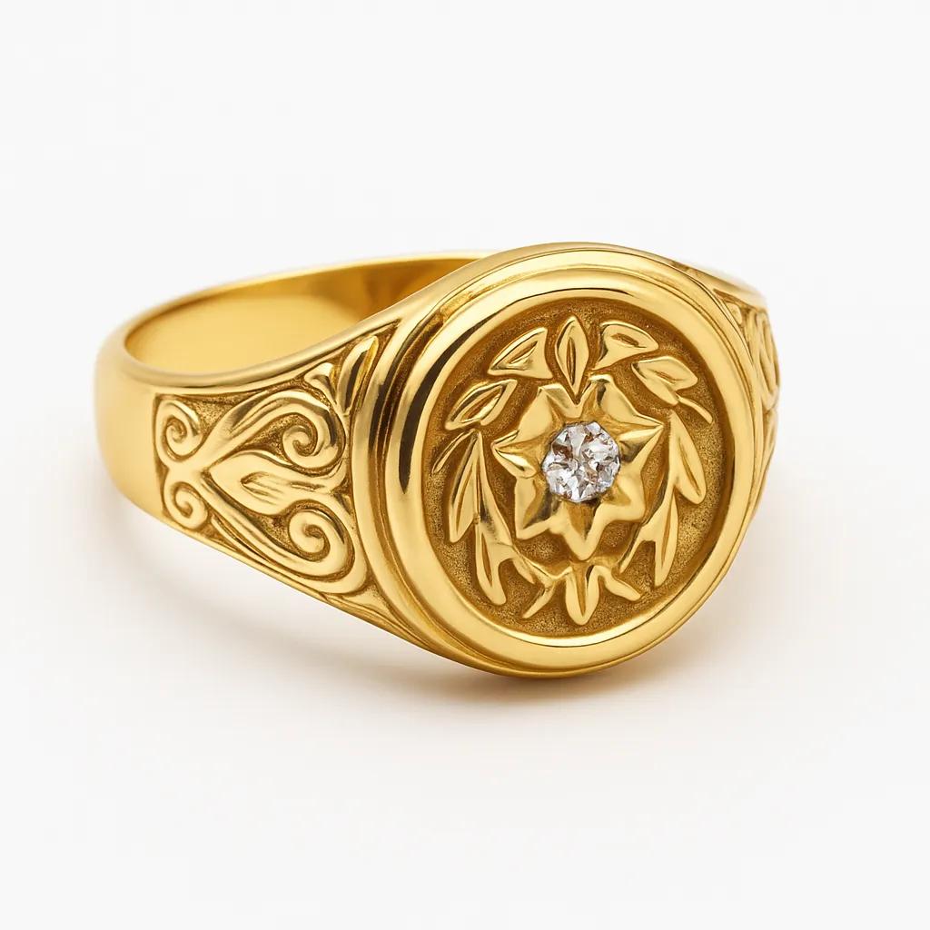 Gold Ornate Gents Diamond Set Signet Ring