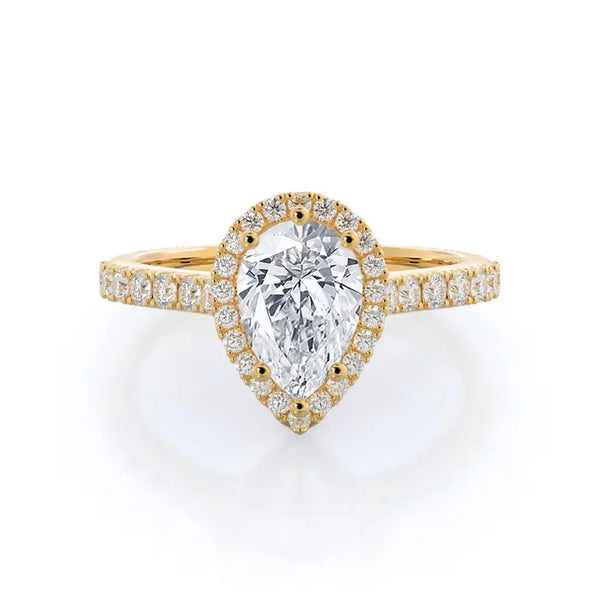 Brisbane Jeweller pear-shaped diamond engagement ring in yellow gold with halo and pavé band