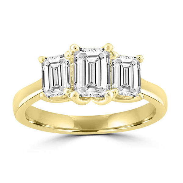 18K Yellow Gold 2.00ct F VS2 Emerald-Cut Lab-Grown Diamond Trilogy Ring