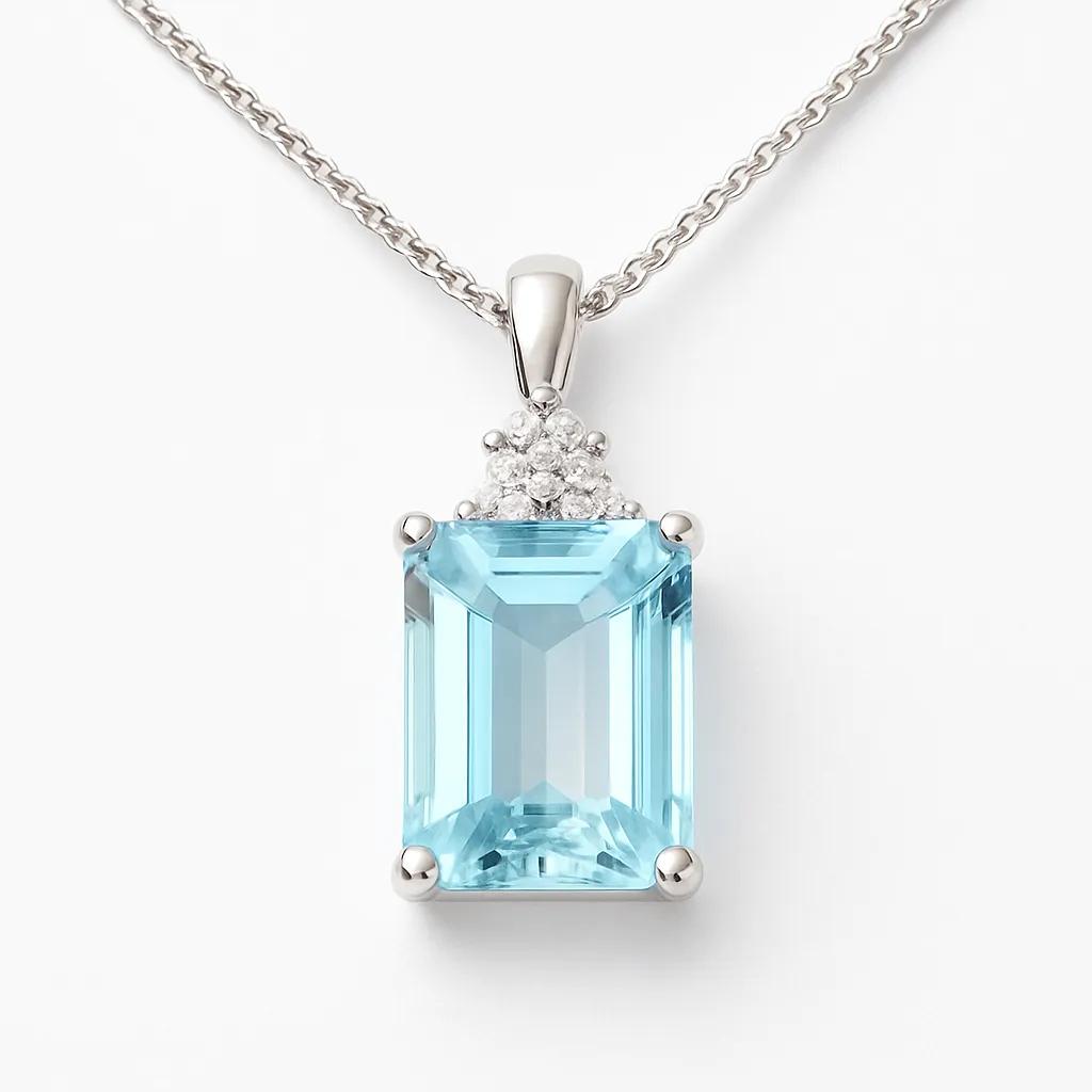 18ct White Gold Emerald-Cut Aquamarine & Diamond Pendant