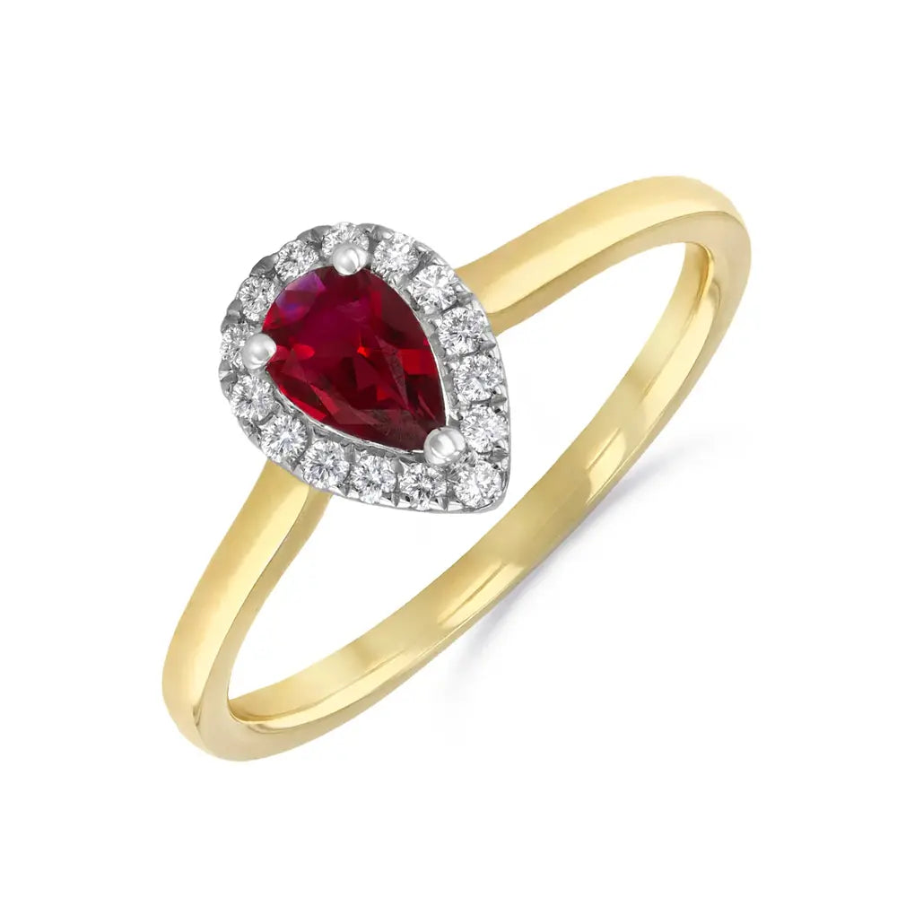 9ct Yellow Gold Pear-Shaped Ruby & Diamond Halo Ring