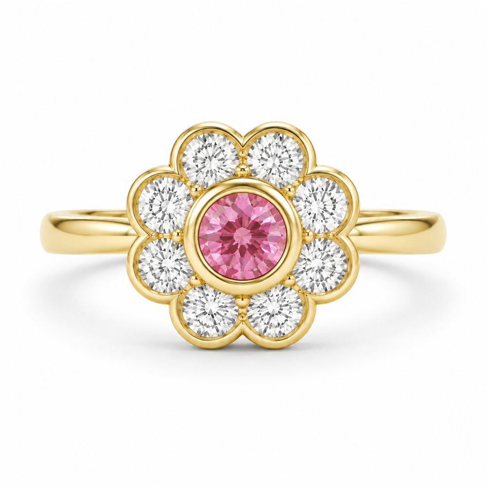 18ct Yellow Gold Pink & White Diamond Flower Cluster Ring