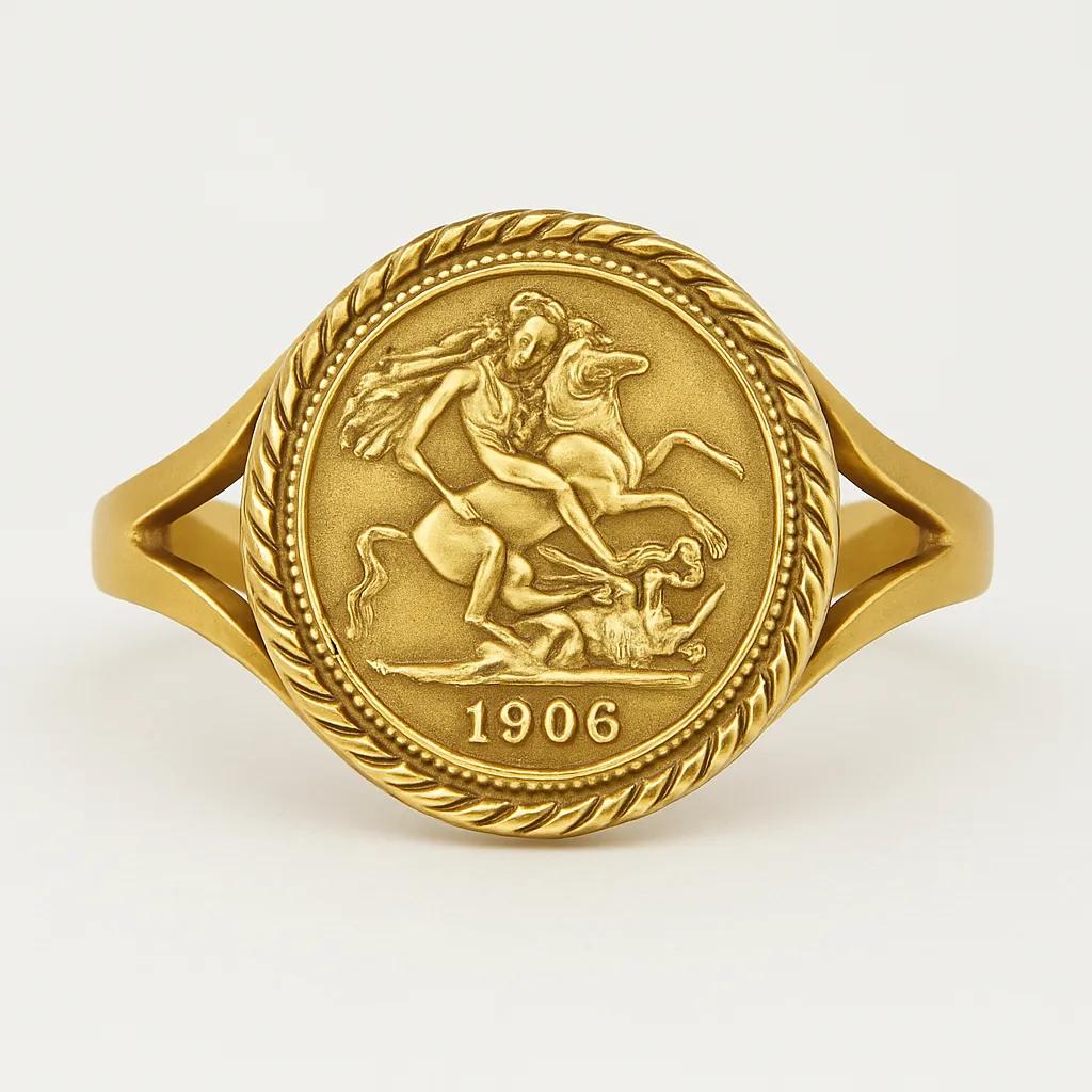 9ct yellow Gold St george coin ring