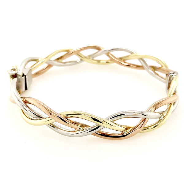 ITALIAN 9CT BANGLE TRI COLOUR TWIST HINGE