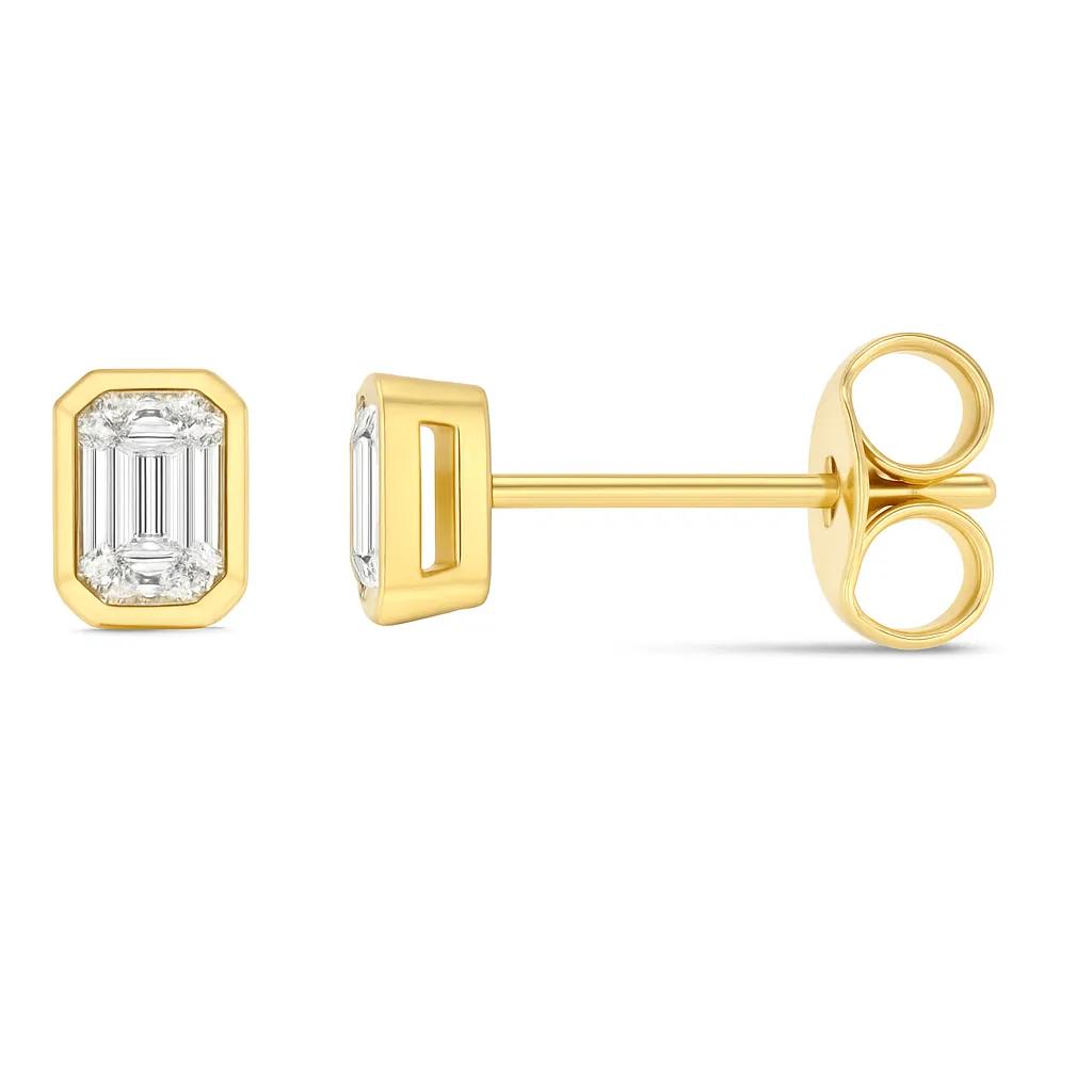 9ct Yellow Gold Emerald Cut Bezel-Set Lab-Grown Diamond Stud Earrings