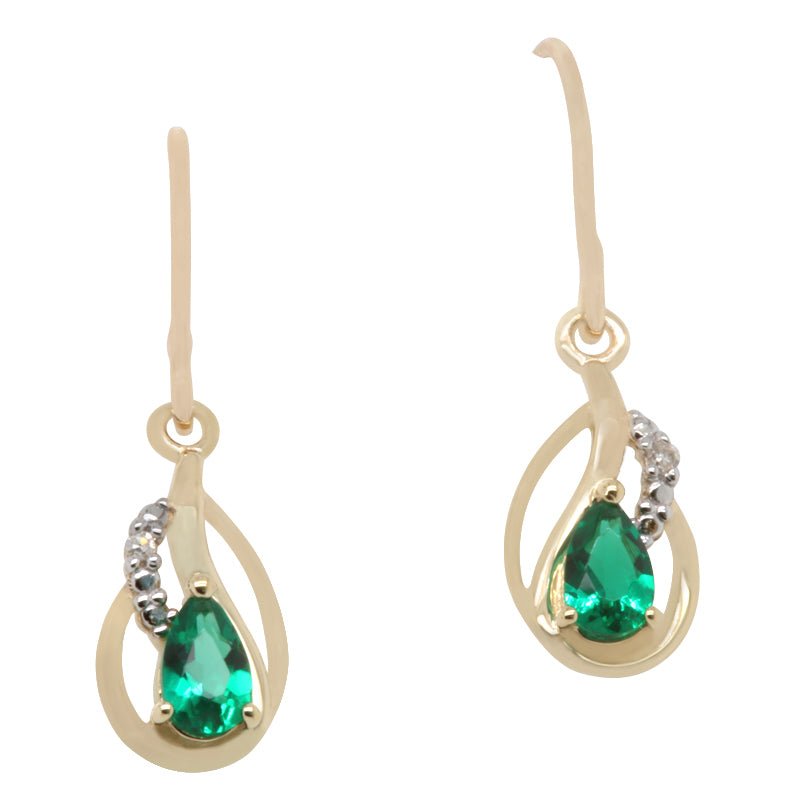 9ct Gold Created Emerald & Diamond Shepherd Hook Earrings