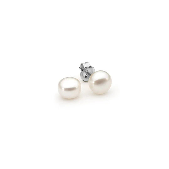 Ikecho Sterling Silver White 8mm Button Freshwater Pearl Stud Earrings