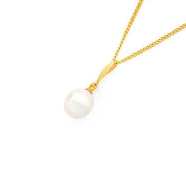 9ct Yellow Gold White Oval Freshwater Pearl & Diamond Drop Pendant with 50cm Chain