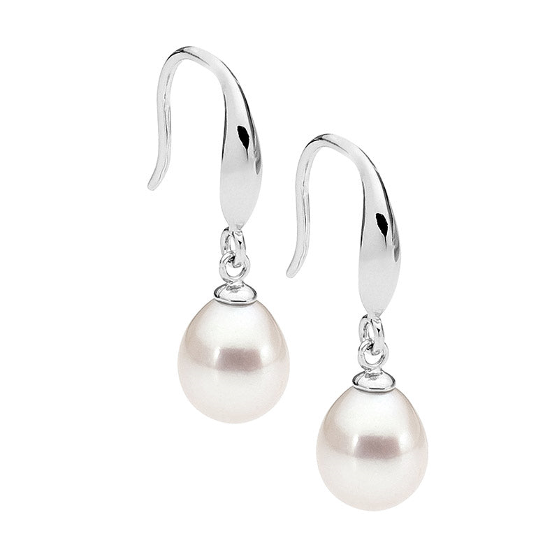Ellani Stainless Steel White Freshwater Pearl S-Hook Drop Earrings