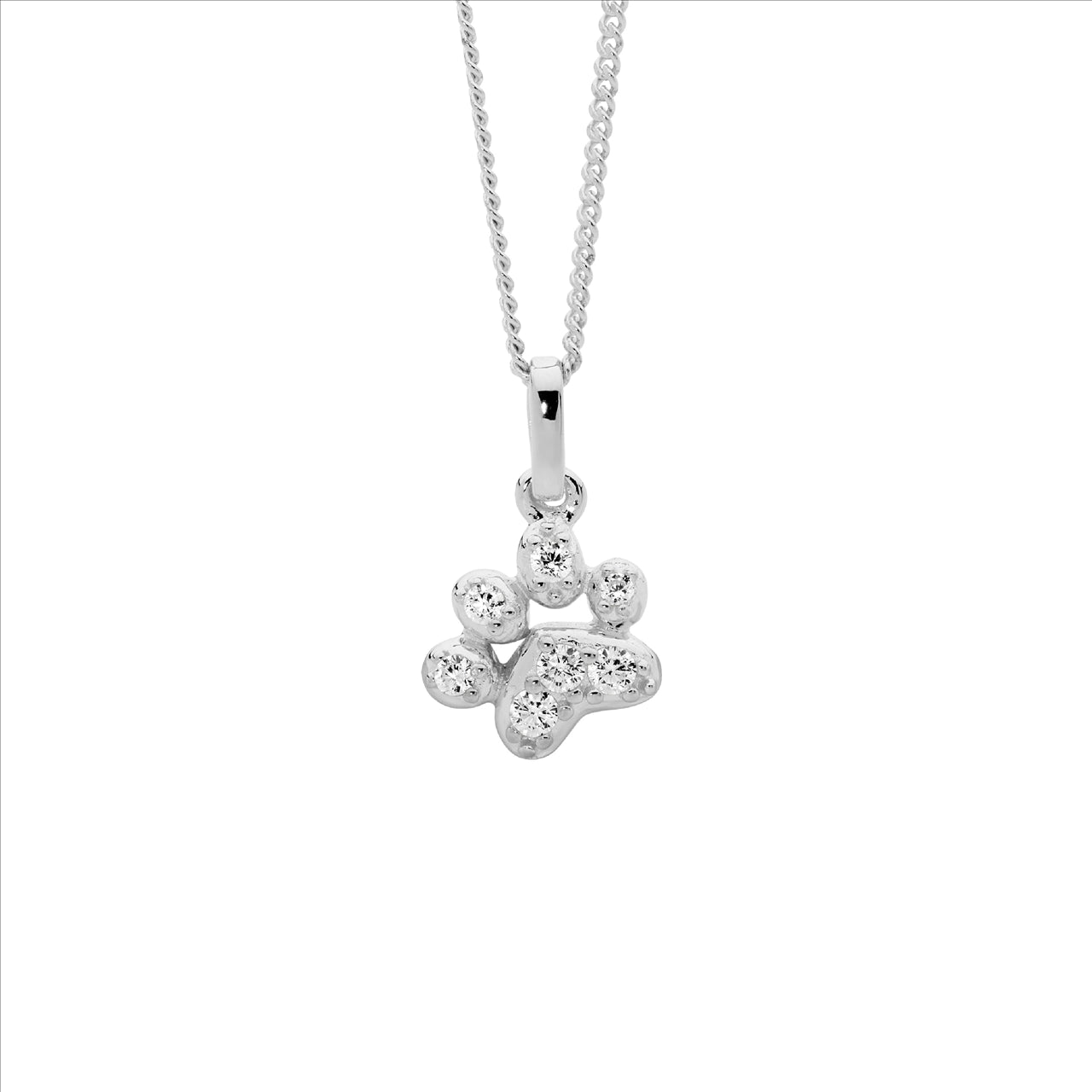 Sterling Silver Rhodium Plated Paw Pendant with White Cubic Zirconias & 45cm Chain
