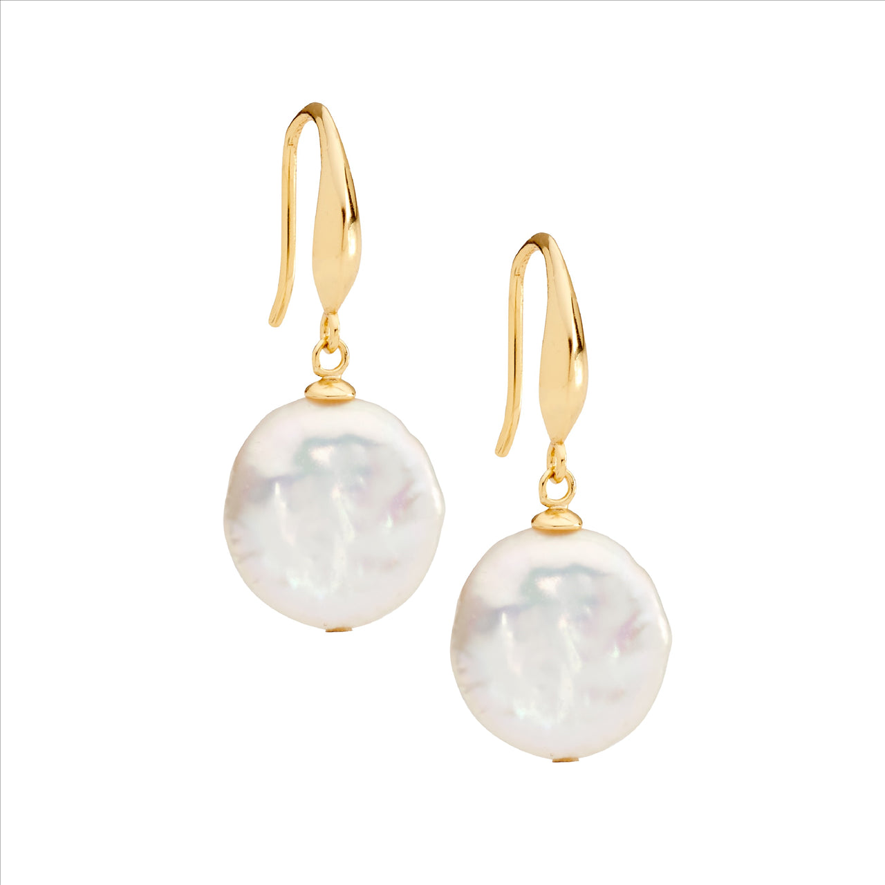Sterling Silver 12mm Freshwater Coin Pearl Earrings with Shepherd Hook and Gold Plating