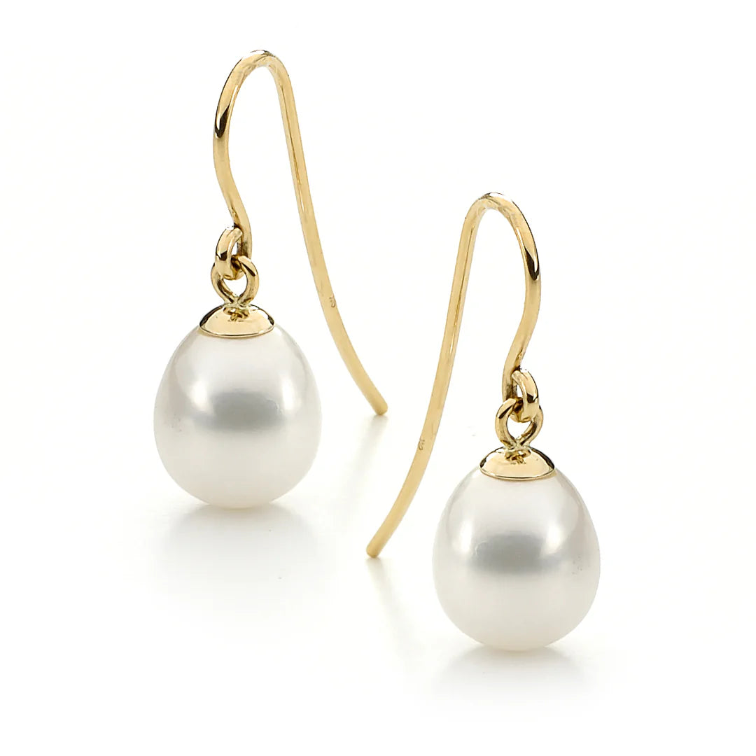 9ct White Gold Freshwater Pearl Drop Earrings – 9–9.5mm