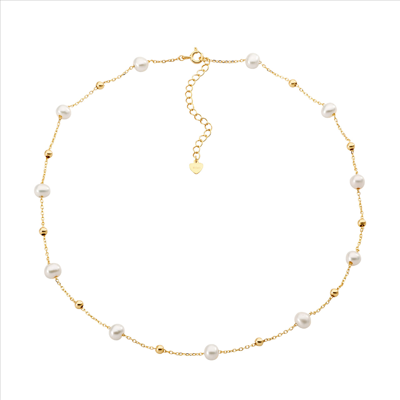 Sterling Silver Freshwater Pearl & Ball Necklace with Gold Plating (40+5cm)