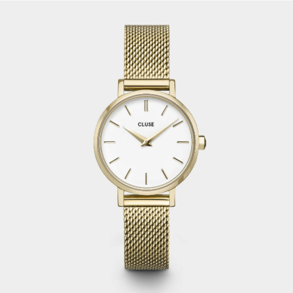 Boho Chic Petite Watch Mesh, White, Gold Colour