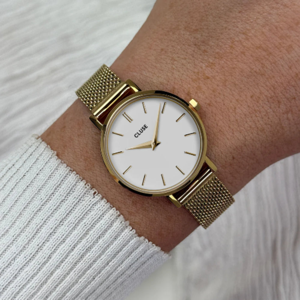 Boho Chic Petite Watch Mesh, White, Gold Colour