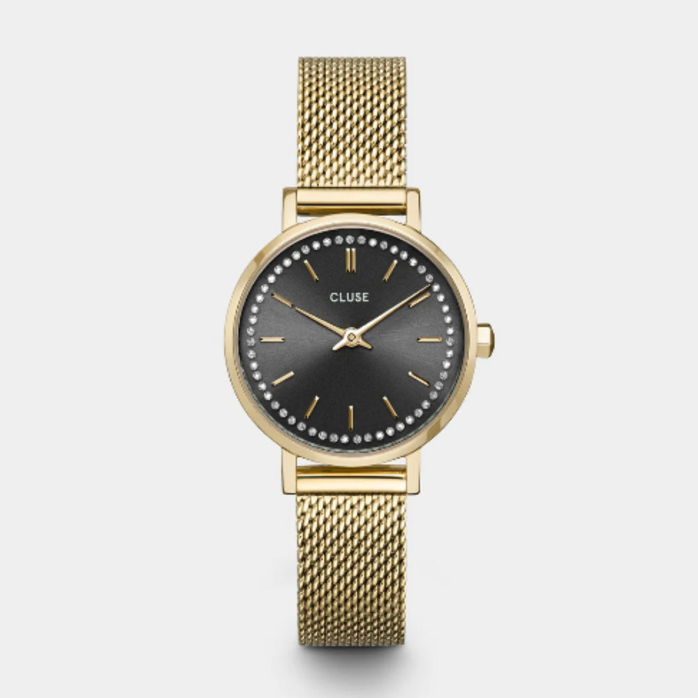 Boho Chic Petite Watch Mesh Crystals, Grey, Gold Colour