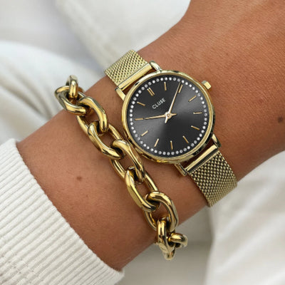 Boho Chic Petite Watch Mesh Crystals, Grey, Gold Colour