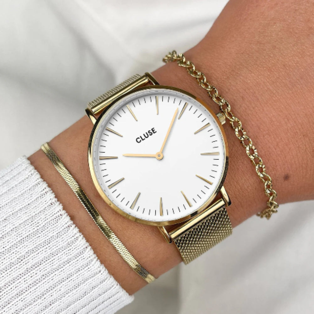Boho Chic Watch Mesh, White, Gold Colour