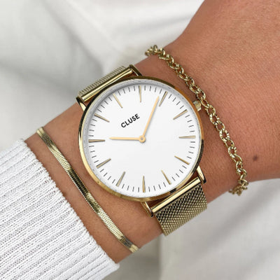 Boho Chic Watch Mesh, White, Gold Colour