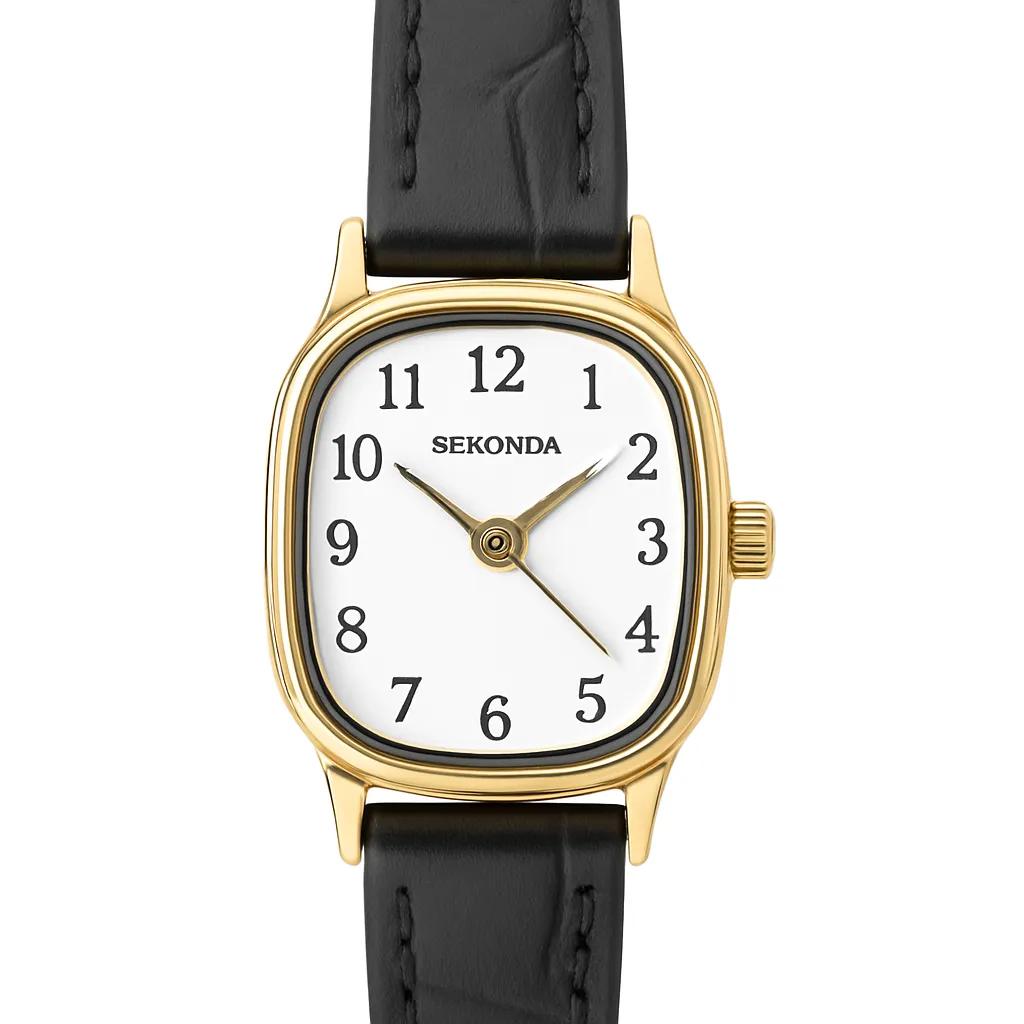 Sekonda Gold Case Watch with White Dial & Black Leather Strap — 22mm