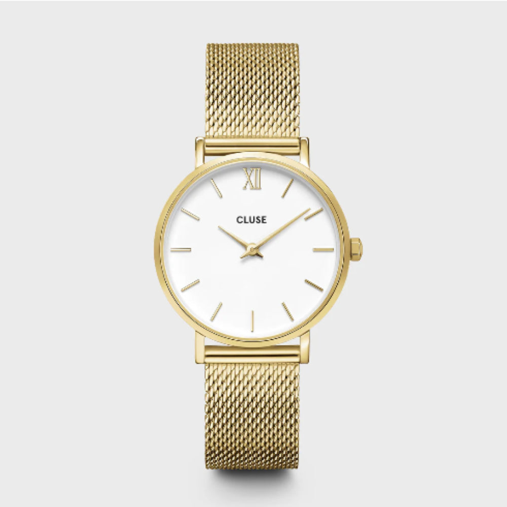 Minuit Watch Mesh, White, Gold Colour