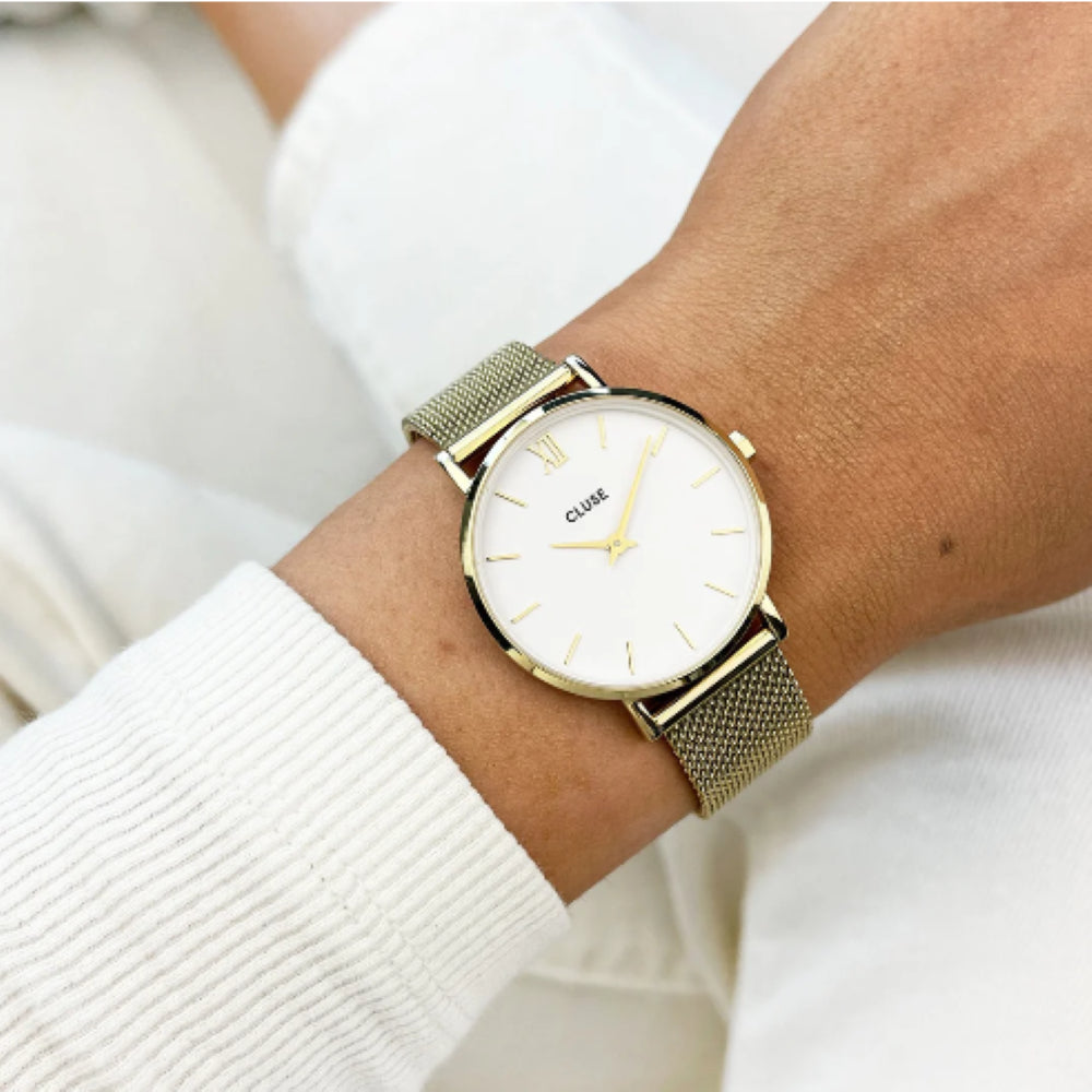 Minuit Watch Mesh, White, Gold Colour