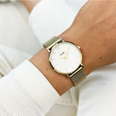 Minuit Watch Mesh, White, Gold Colour