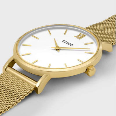 Minuit Watch Mesh, White, Gold Colour