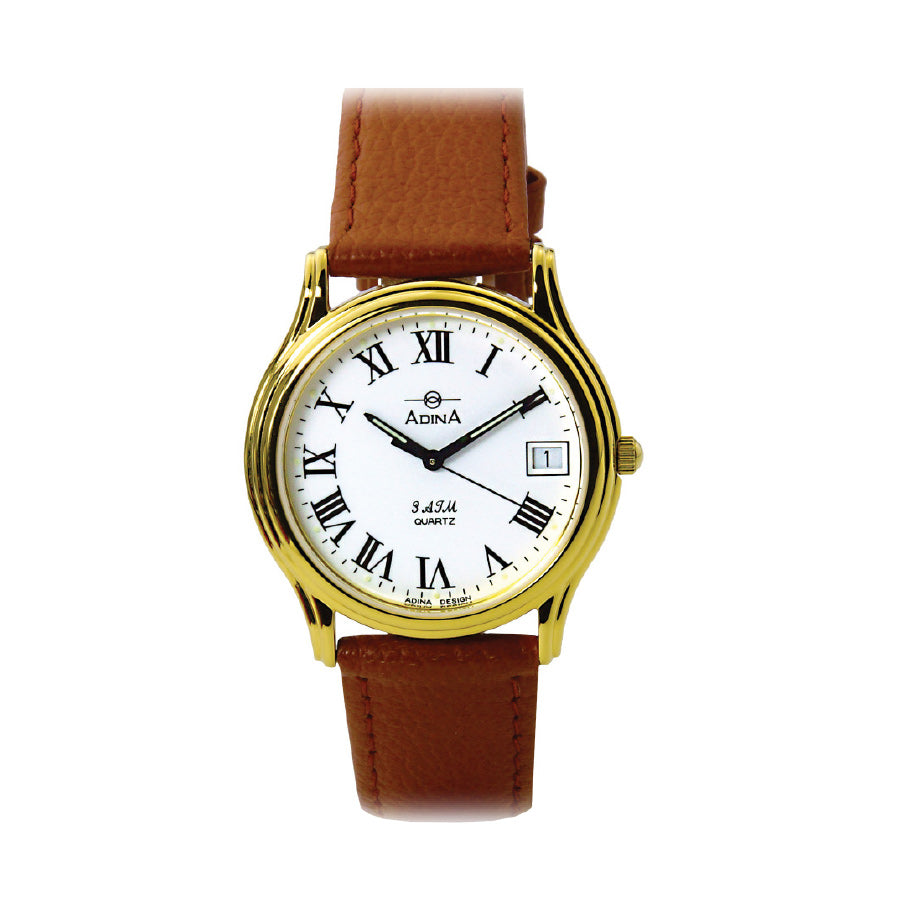 Adina Mid Size Watch – White Arabic Dial with Brown Strap NK39