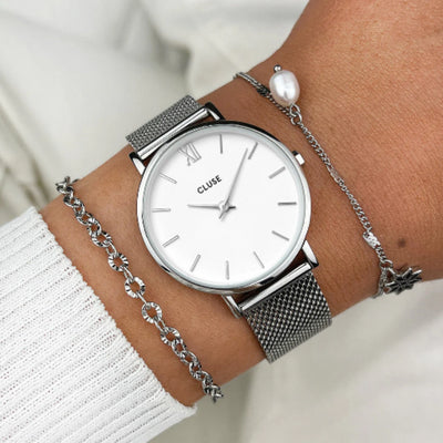 Minuit Watch Mesh, White, Silver Colour