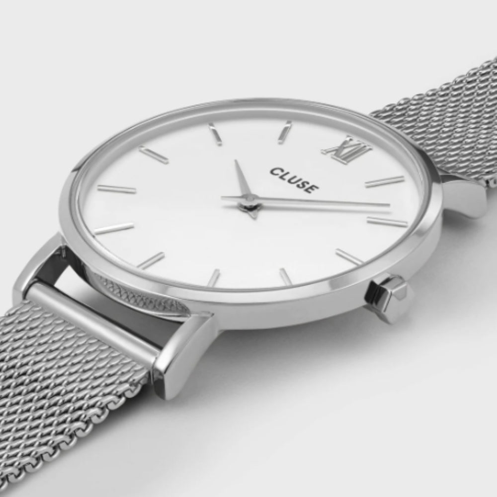Minuit Watch Mesh, White, Silver Colour