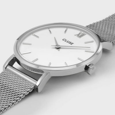 Minuit Watch Mesh, White, Silver Colour