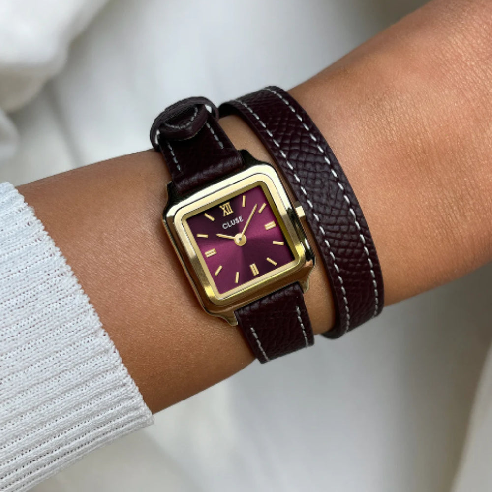 Gracieuse Mini Watch Double Leather, Wine, Gold Colour