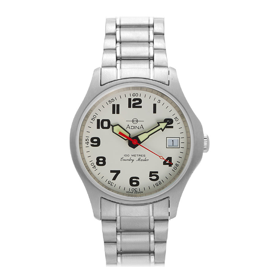 Adina Mineral Crystal Countrymaster Work Watch, White Face, red second hand,