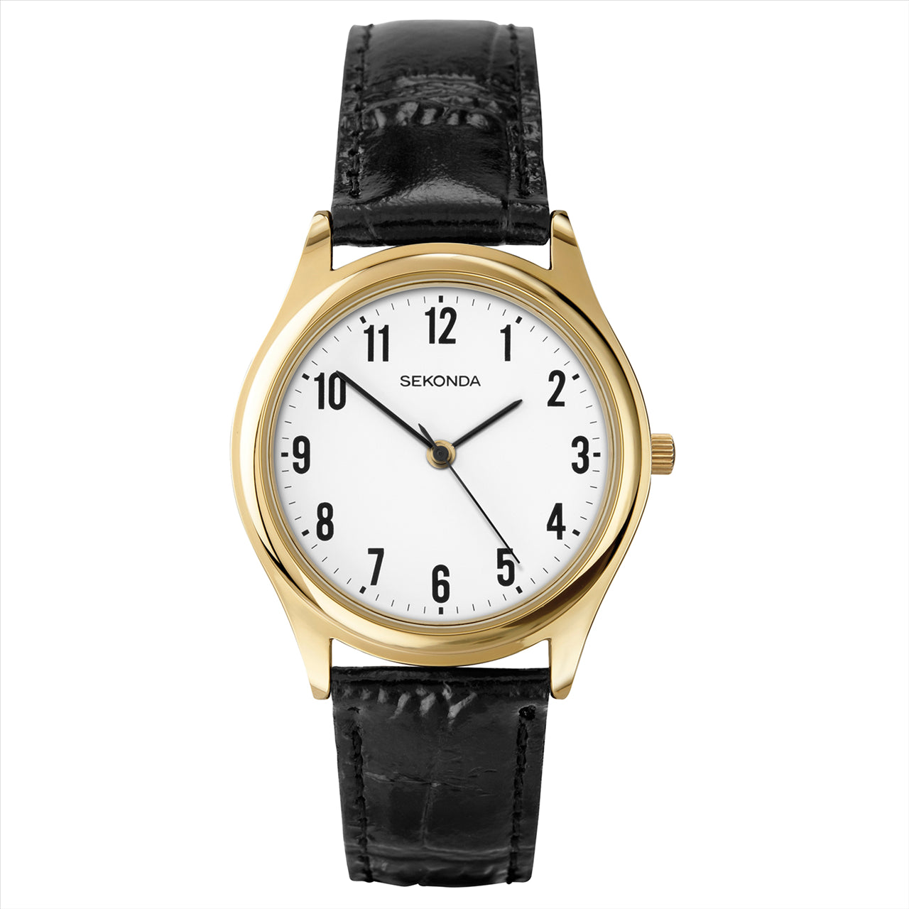 Gold Colour Case Watch with White Dial & Black Leather Strap