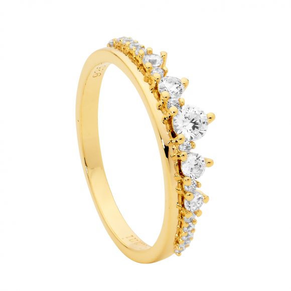 Sterling Silver Yellow Gold Crown Style Ring with White CZ