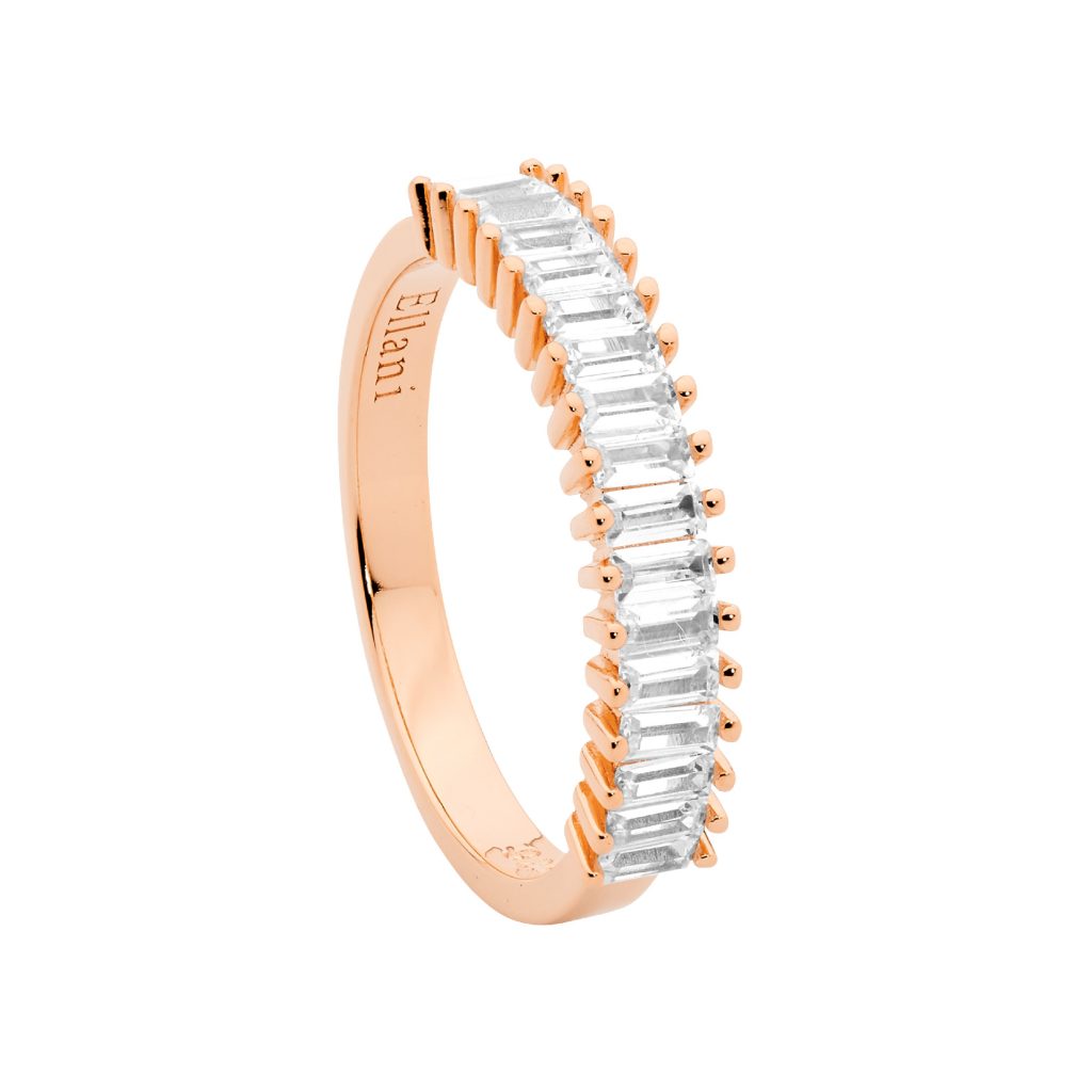 Ellani Stainless Steel Rose-Gold Baguette White CZ Ring — Size 8