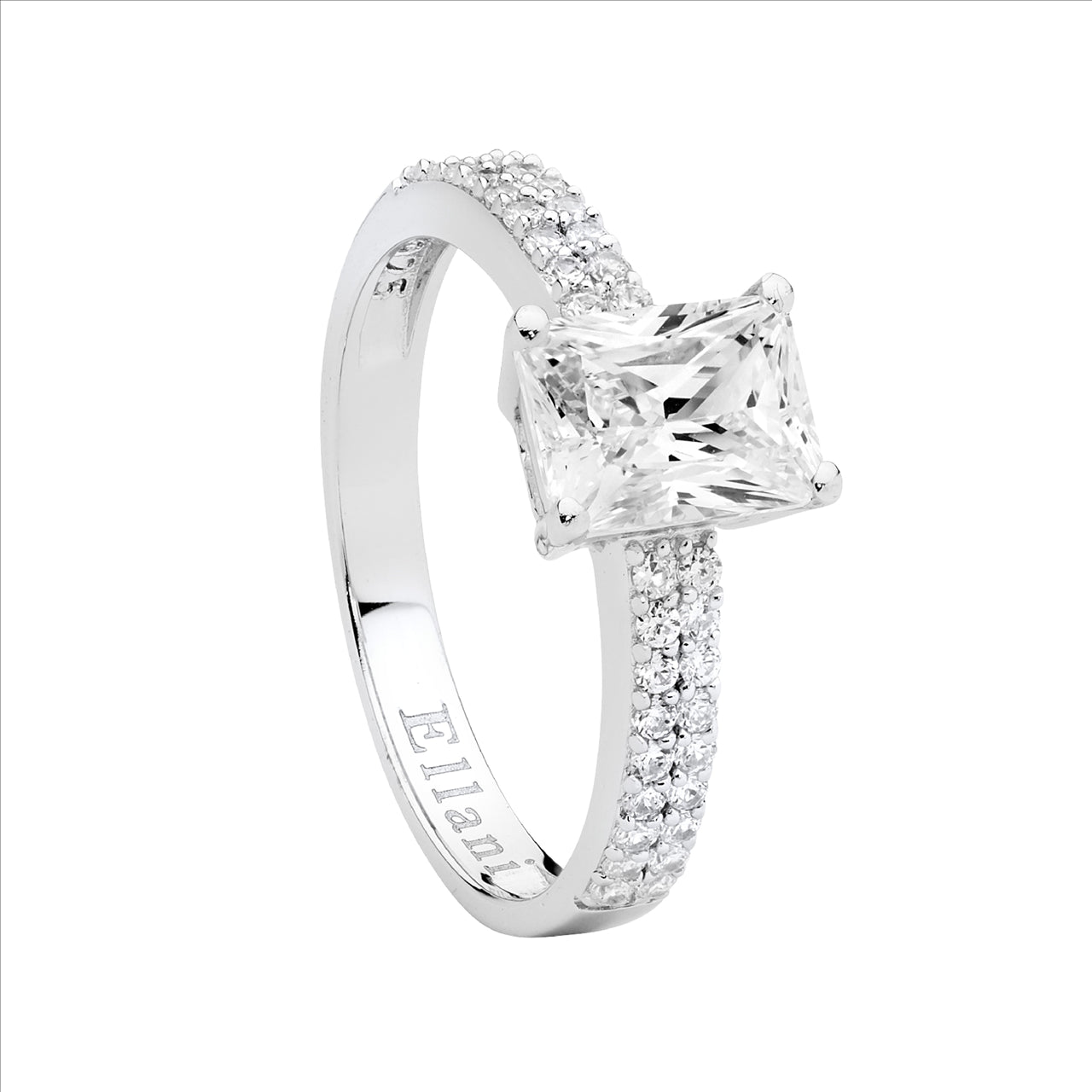 Sterling Silver 6x8 Solitaire Ring with Double Row White Cubic Zirconia Band