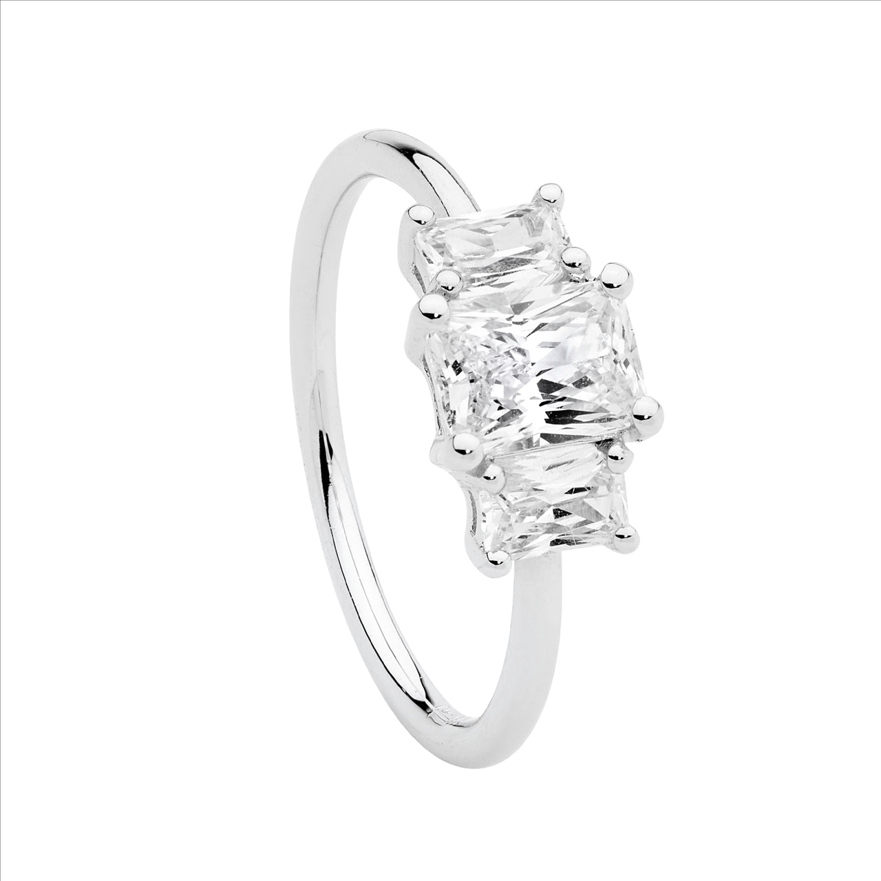 Sterling Silver Ring with 3 White Cubic Zirconia Radiant Cuts