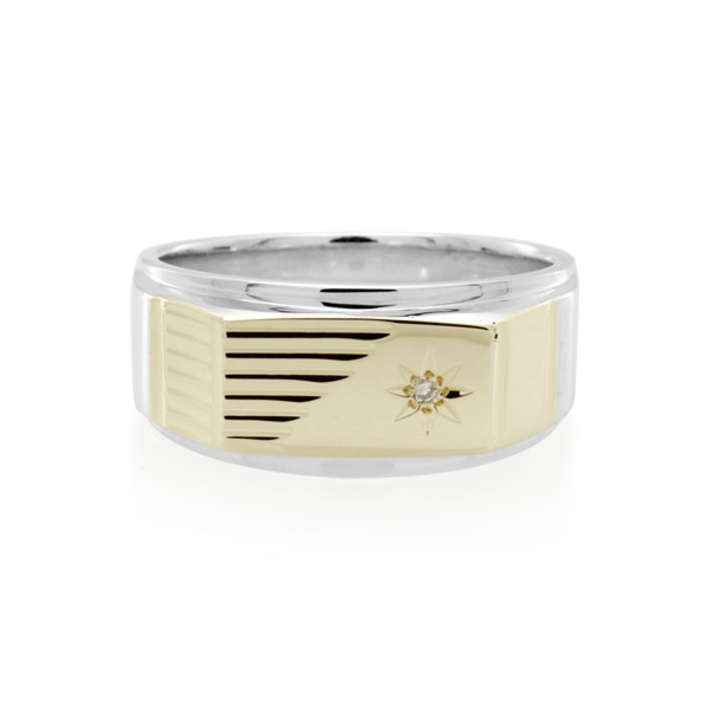 Sterling Silver and 9CT Gold Diamond Set Thick Gents Ring - Size 'U'