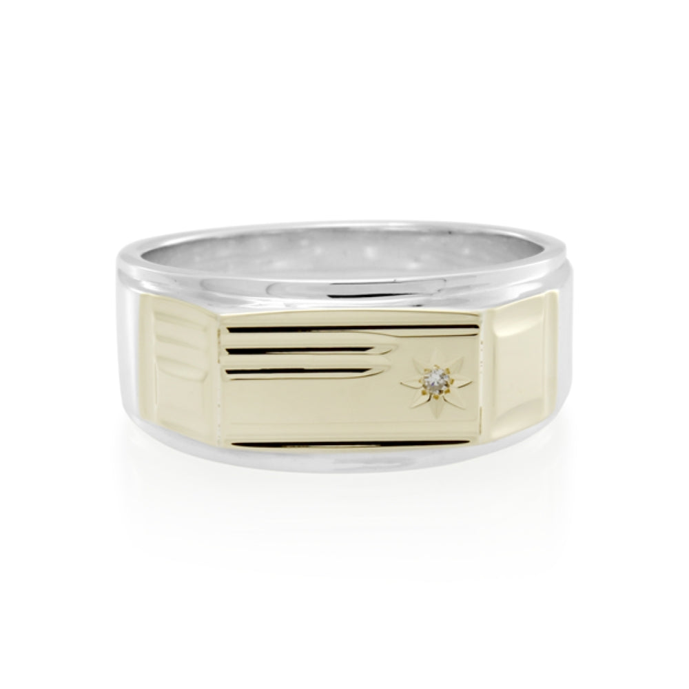 Sterling Silver and 9ct Gold Diamond Set Gents Ring - Size 'U'