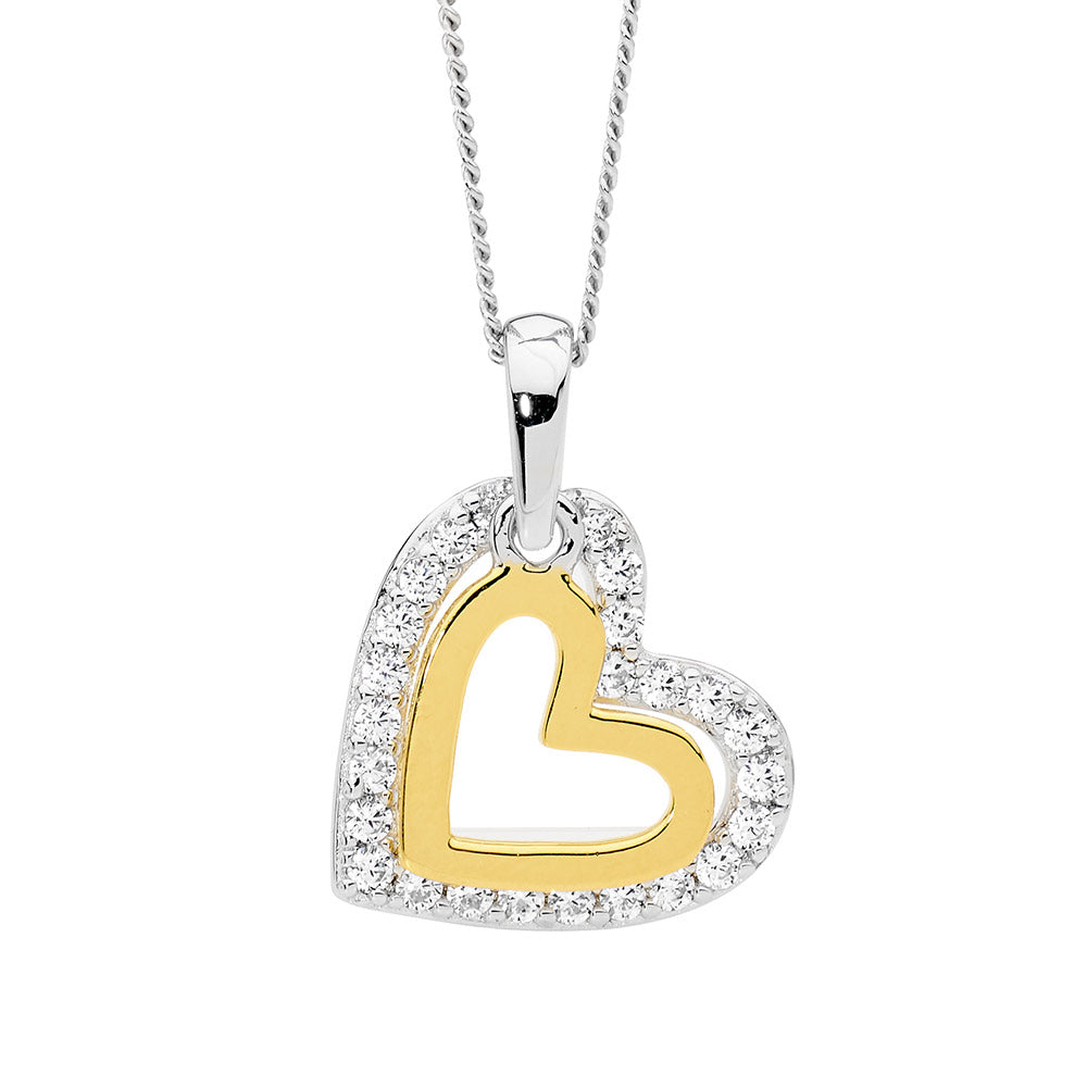 Sterling Silver 14mm Double Heart Pendant with White Cubic Zirconia and Gold Plating