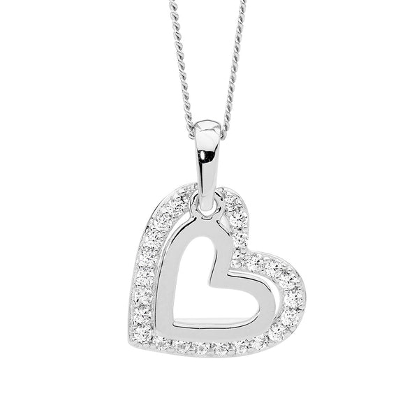 Sterling Silver 14mm Double Heart Pendant with White Cubic Zirconia and Plain Finish
