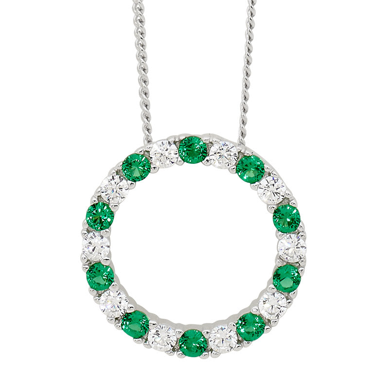 Sterling Silver 16mm Open Circle Pendant with White & Green CZ