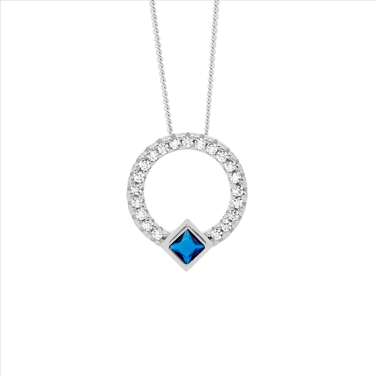 Sterling Silver Open Circle Pendant with Blue Princess Cut & White Cubic Zirconia – Includes Chain