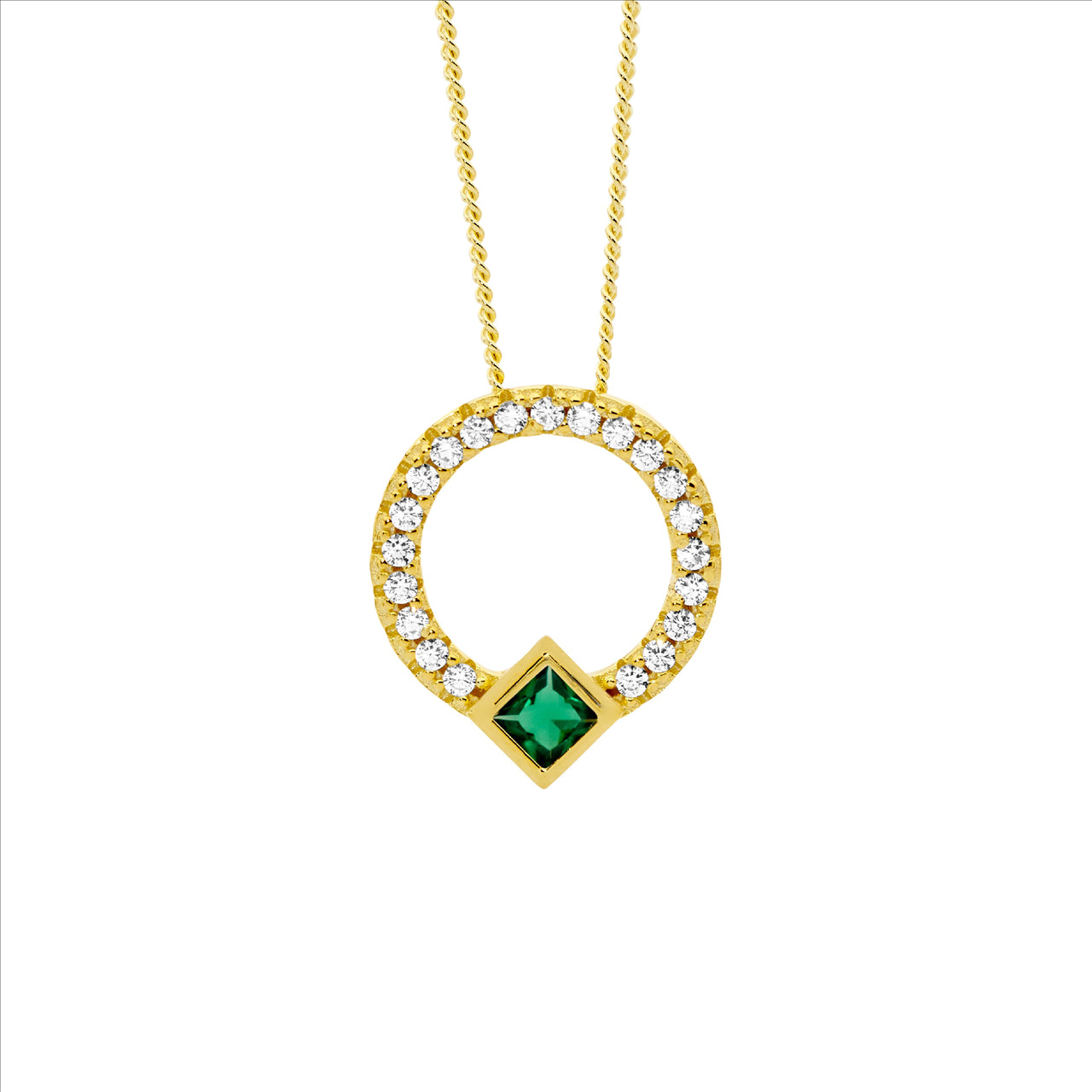 Green Cubiz Zirconia Princess Cut Pendant and Gold Chain