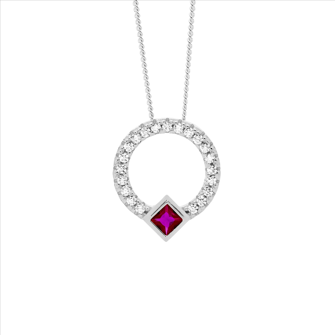 Open Circle Pendant with Princess Cut & White CZ, Includes Chain