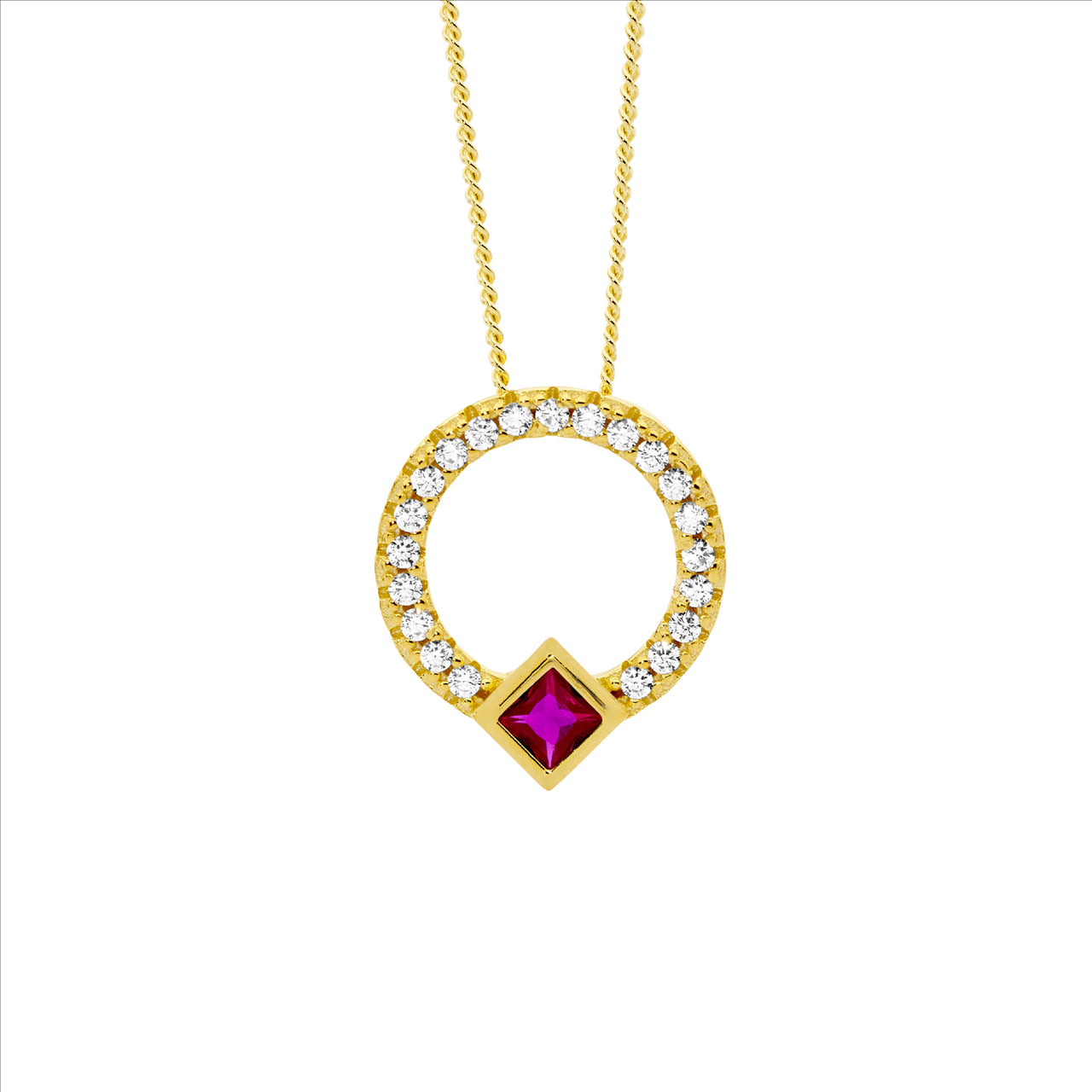 Pink Cubic Zirconia Princess Cut Pendant with Gold Chain
